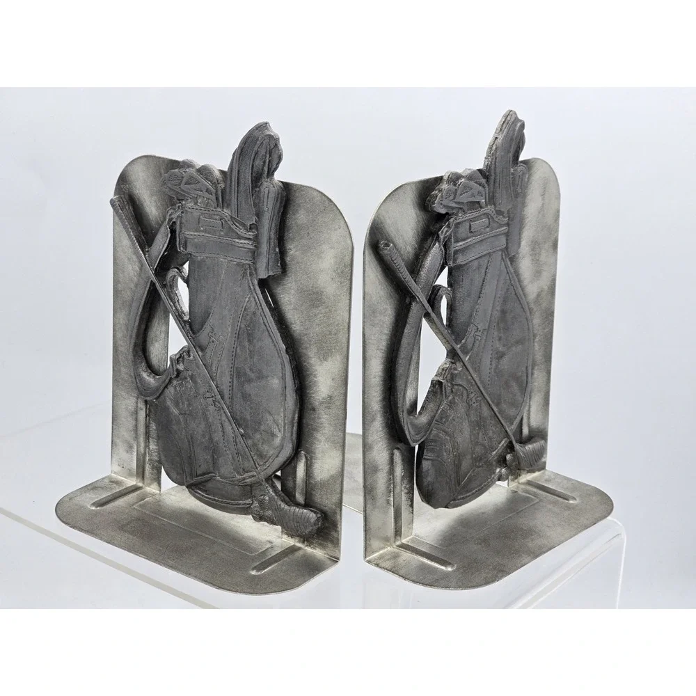 2 Lot Of VINTAGE Detailed Pewter Golf Bag & Clubs -‎ Bookends Silver Tone 6